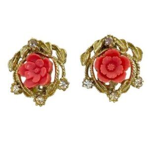 Vintage Coral Celluloid Flower Gold Clip On Earrings